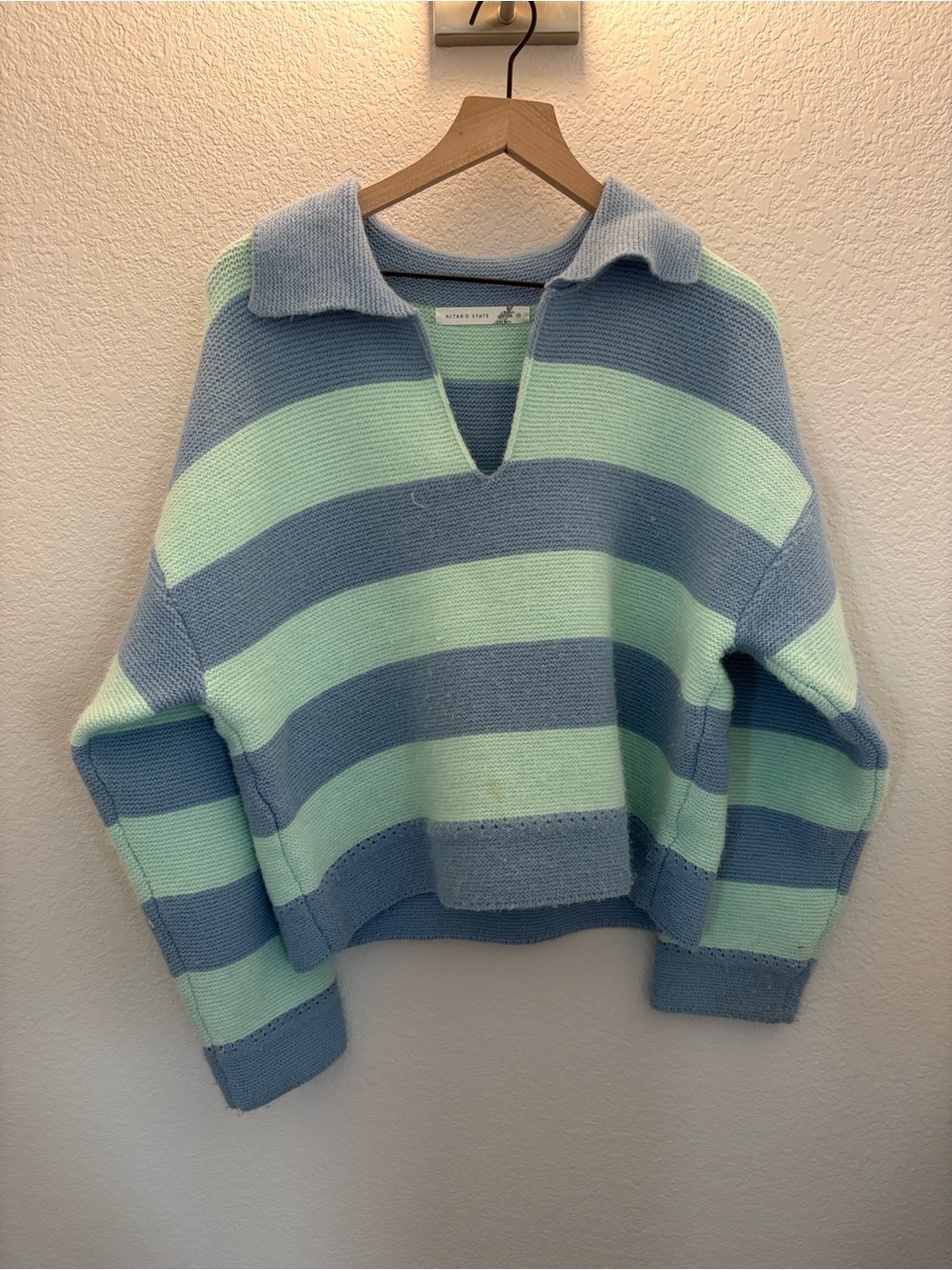 Altar'd State Blue and Mint Striped V-Neck Hooded Sweater